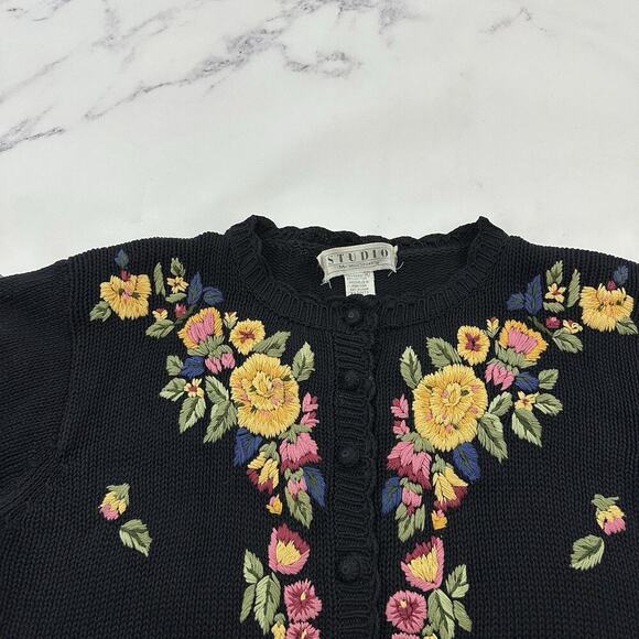 Michelle Stuart Womens Vintage 90s Cardigan Sweater Size M Black Yellow Floral - Picture 2 of 11